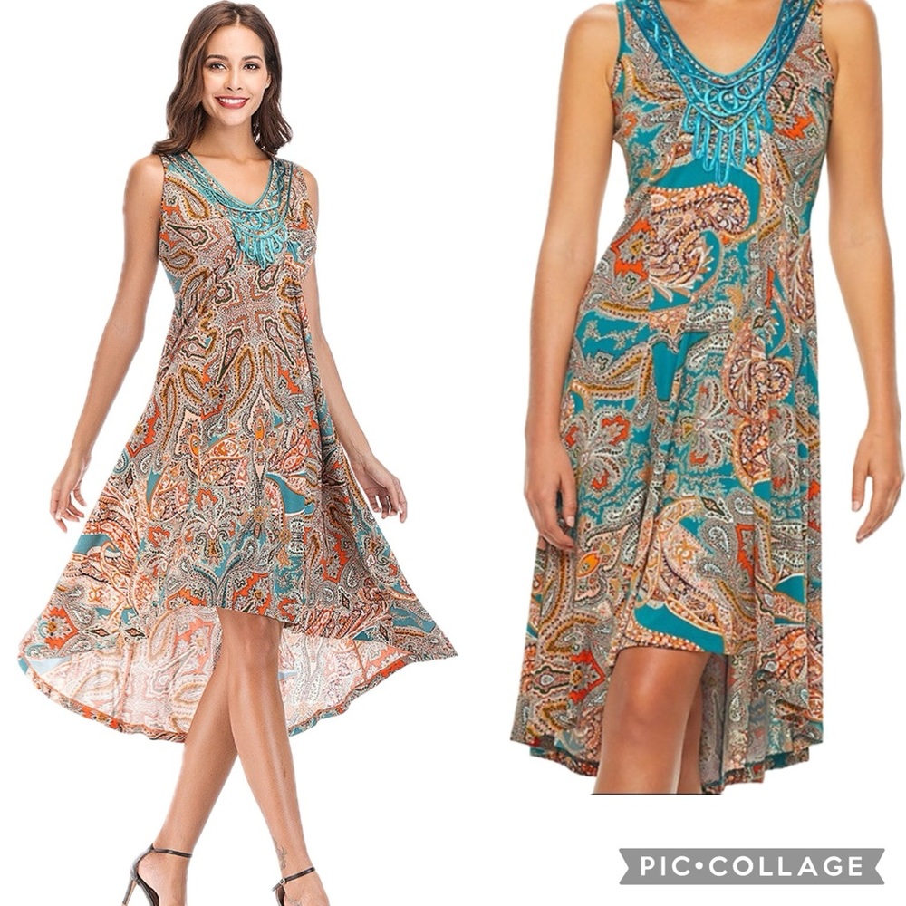 World Unity Matisse Paisley Print Embroidered Sleeveless High Low Dress